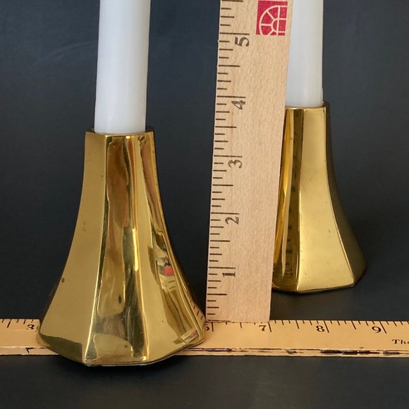 MCM Taper Candlestick Holders of Heavy Polished Brass Minimalistic Danish Design - Picture 16 of 16